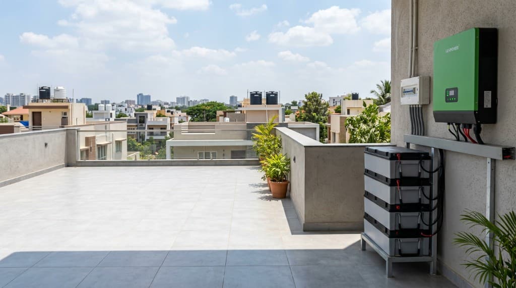 Rooftop home setup with green inverter and lithium battery stack