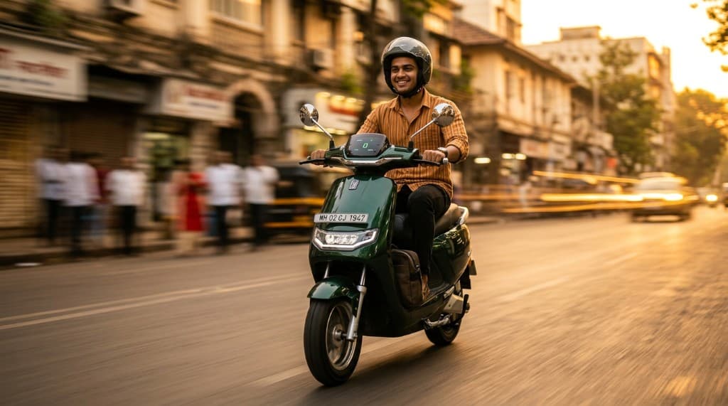 Rider on green electric scooter in city traffic