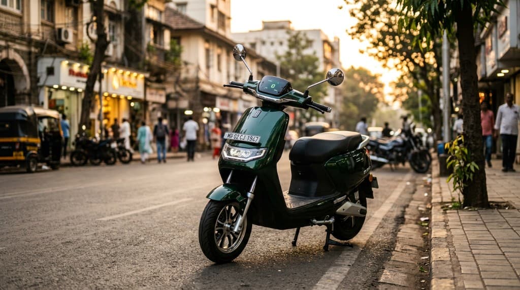 Green electric scooter parked on an Indian city street
